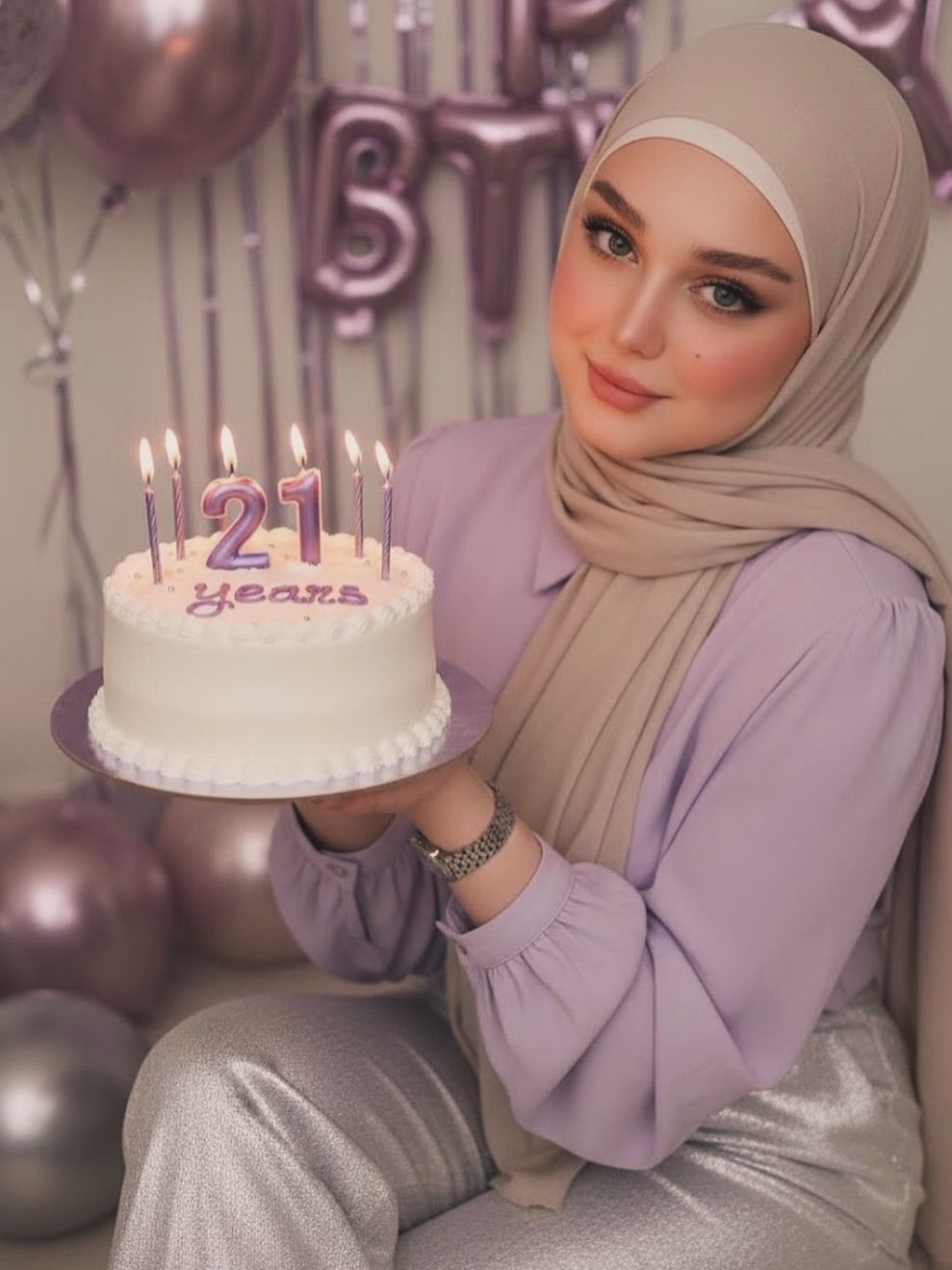 Image of Dania Mahainy from Instagram hijab, lavender blouse, silver pants, birthday, party, watch, cake, balloons
