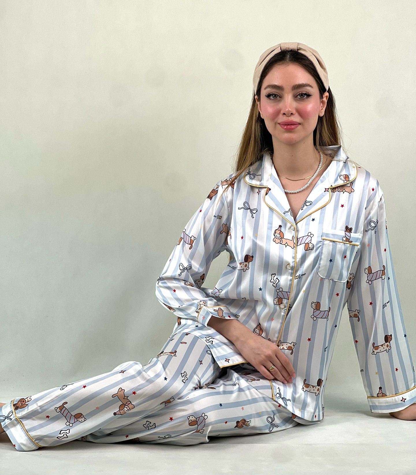 Image of لباس خواب ساتن دُرین from Instagram pajamas, satin, printed, headband, necklace, striped, barefoot