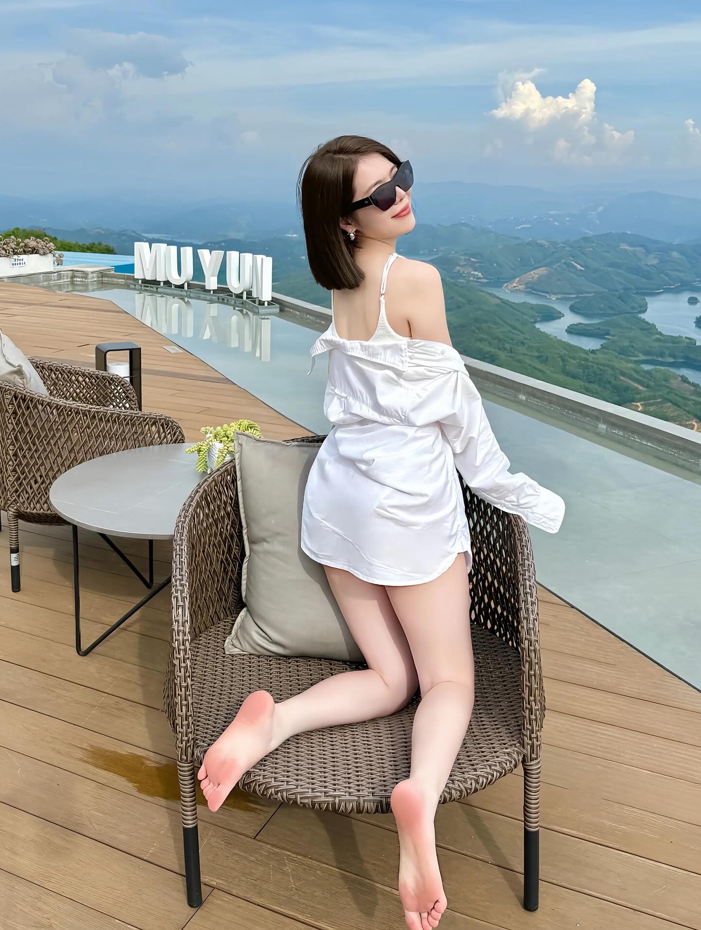 Image of InsomniacCat from Instagram white dress, sunglasses, barefoot, outdoor, scenic view