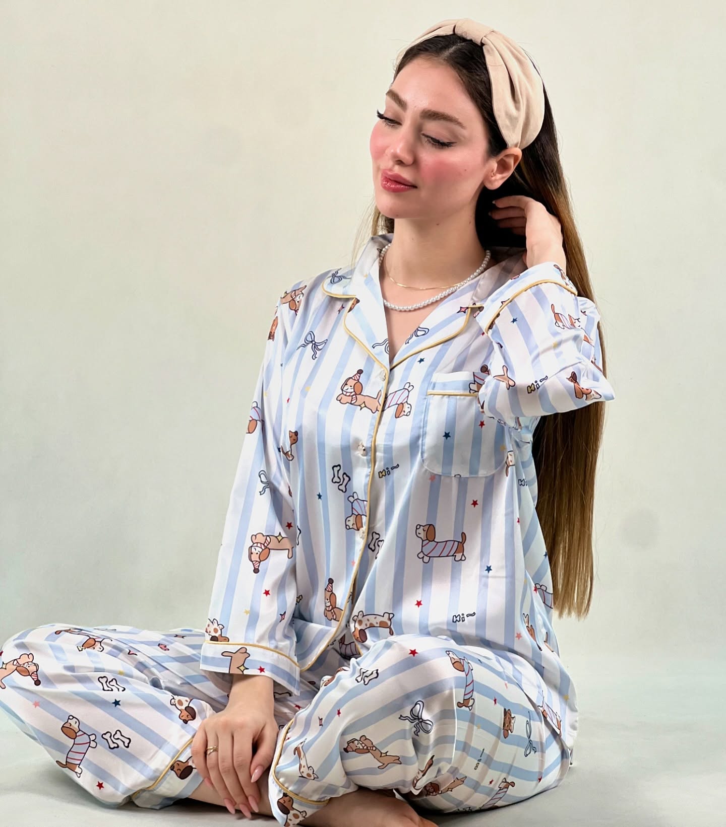 Image of لباس خواب ساتن دُرین from Instagram pajamas, satin, striped, printed, headband, barefoot