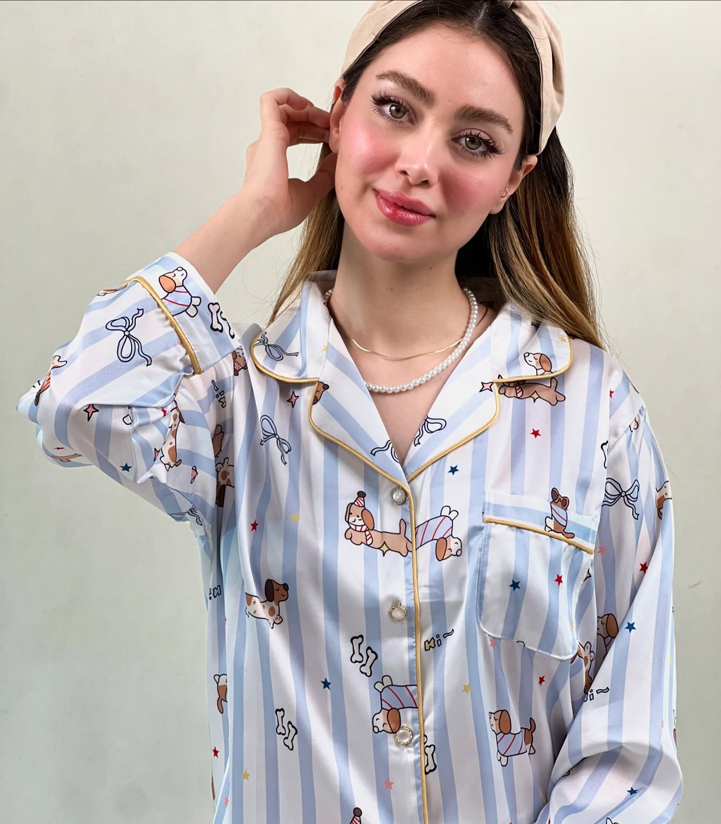 Image of لباس خواب ساتن دُرین from Instagram pajamas, satin, striped, animal print, headband, pearl necklace