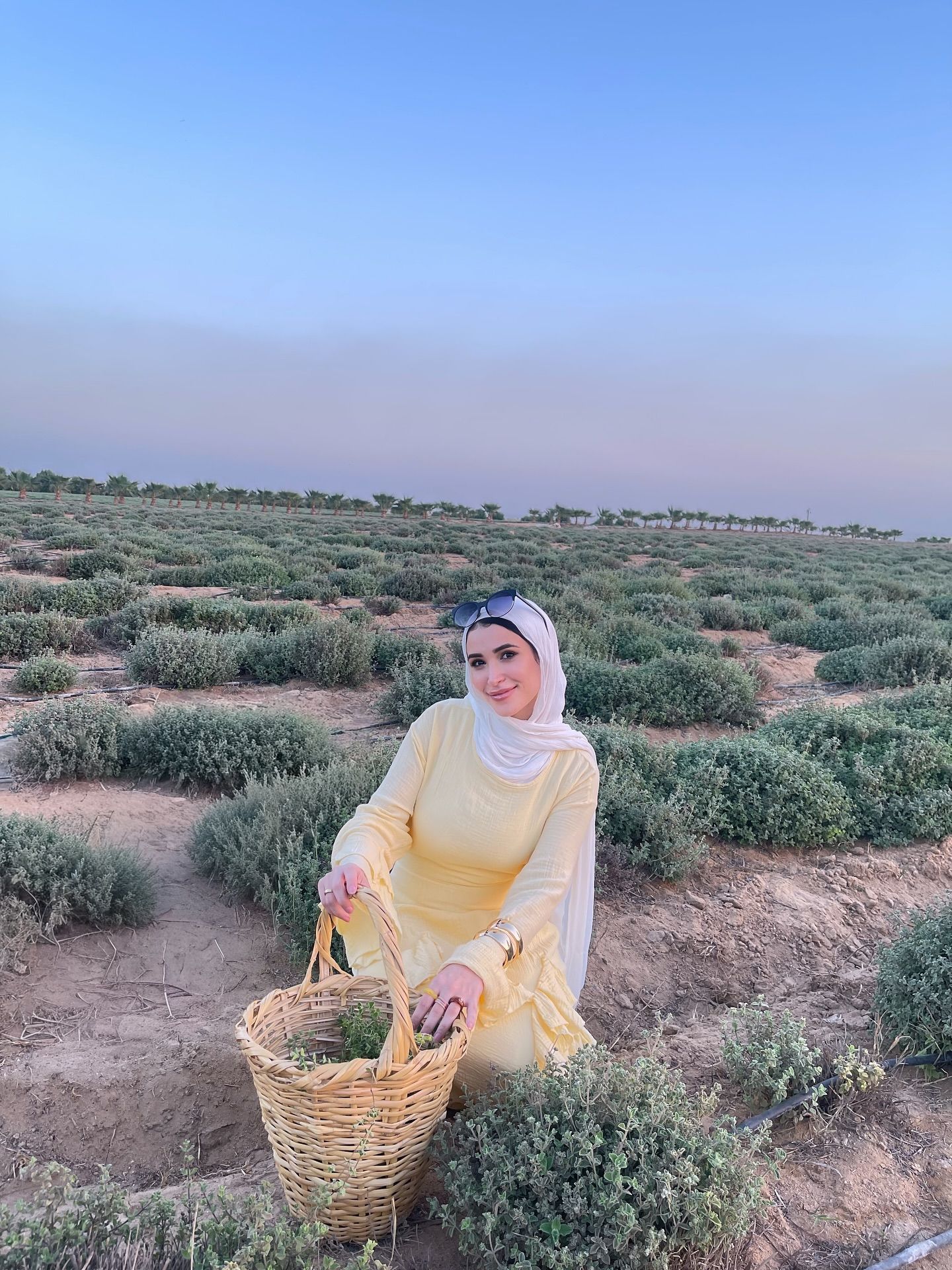Image of 🅝🅐🅓🅐 🅖🅐🅜🅐🅛 🅨🅐🅗🅘🅐 from Instagram yellow dress, white headscarf, sunglasses, basket, field