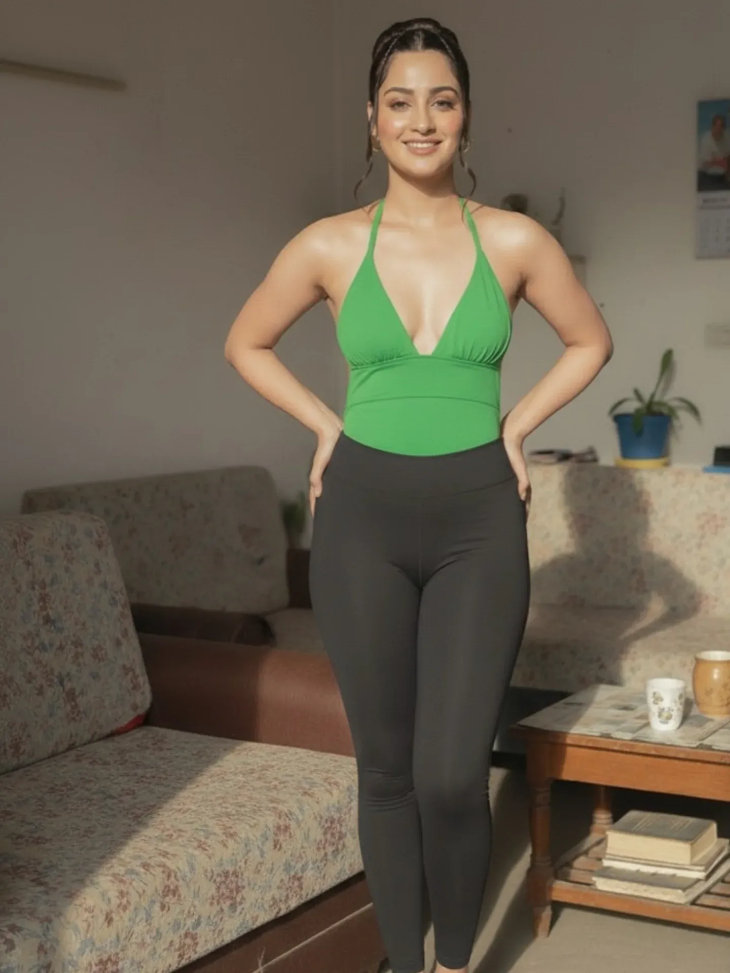 Image of PRETTY FROM LEBANON🇱🇧 from Instagram green top, black leggings, casual home setting, indoor, barefoot