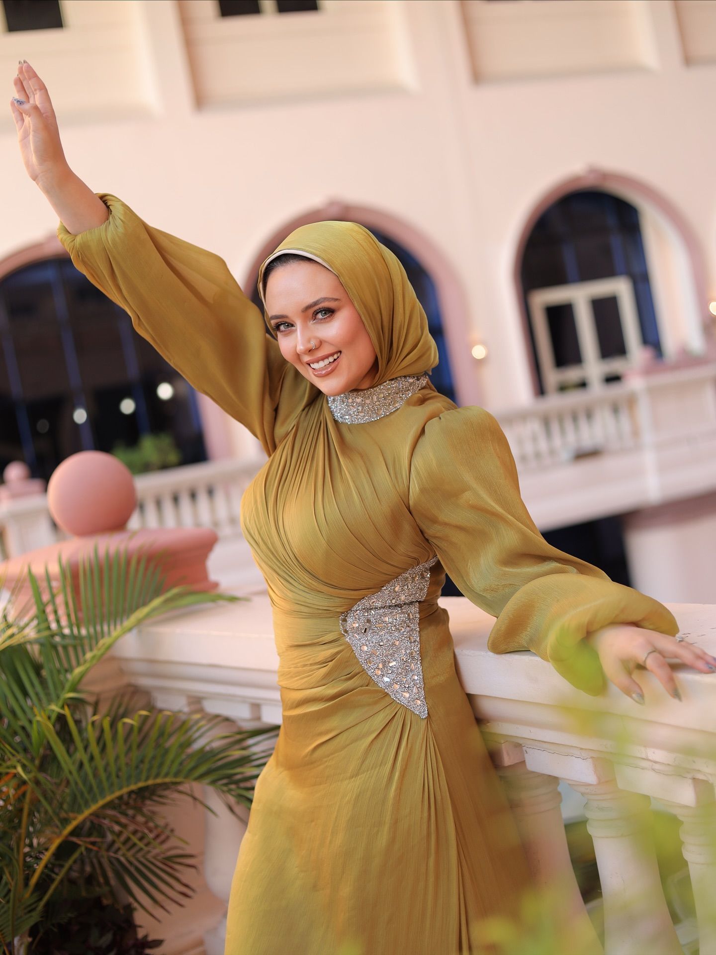 Image of ميرنا عبدالوهاب from Instagram hijab, evening dress, embellished, long sleeves, formal, elegant, fashion, green, glamorous