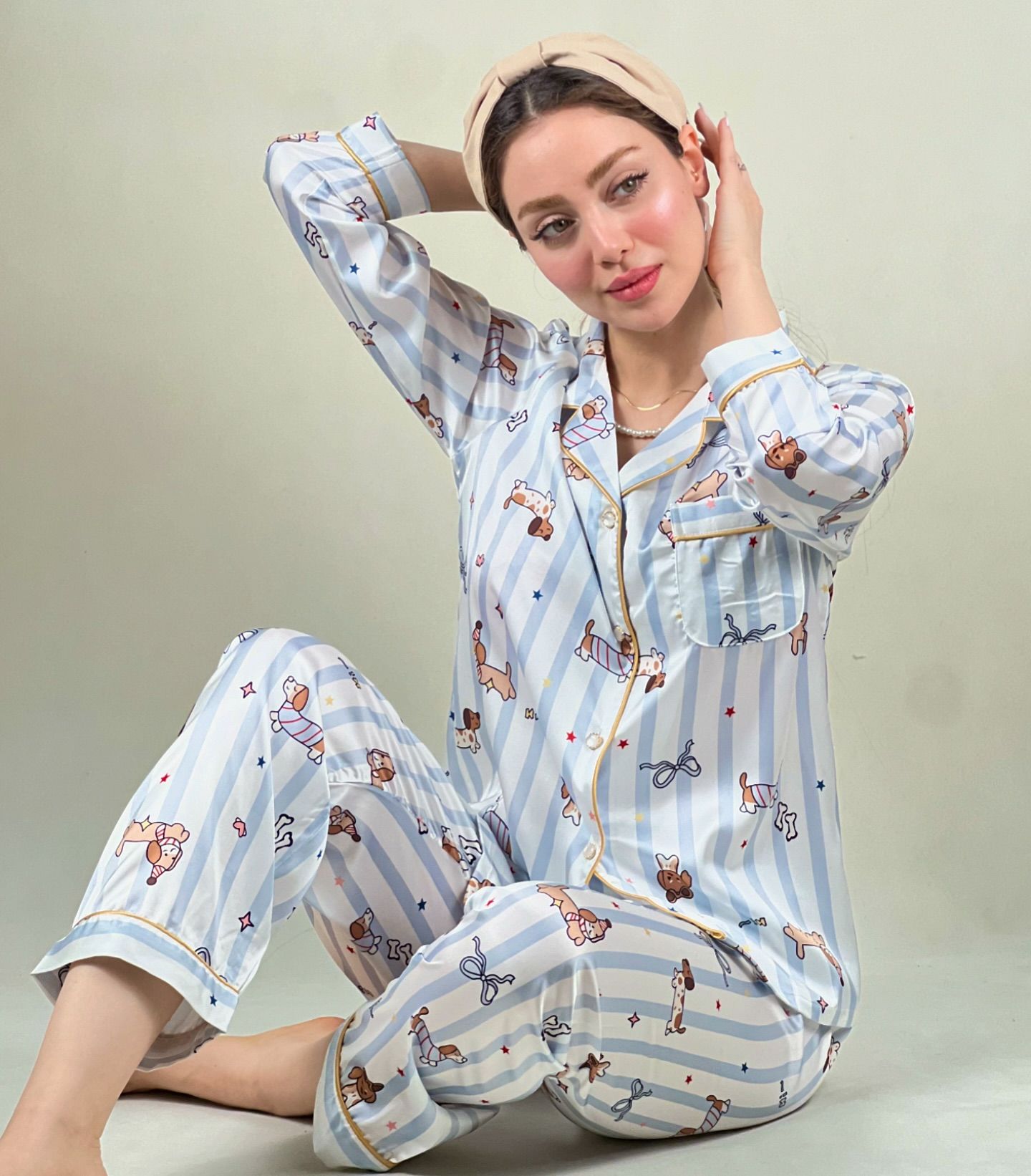 Image of لباس خواب ساتن دُرین from Instagram pajamas, striped, satin, printed, headband, barefoot