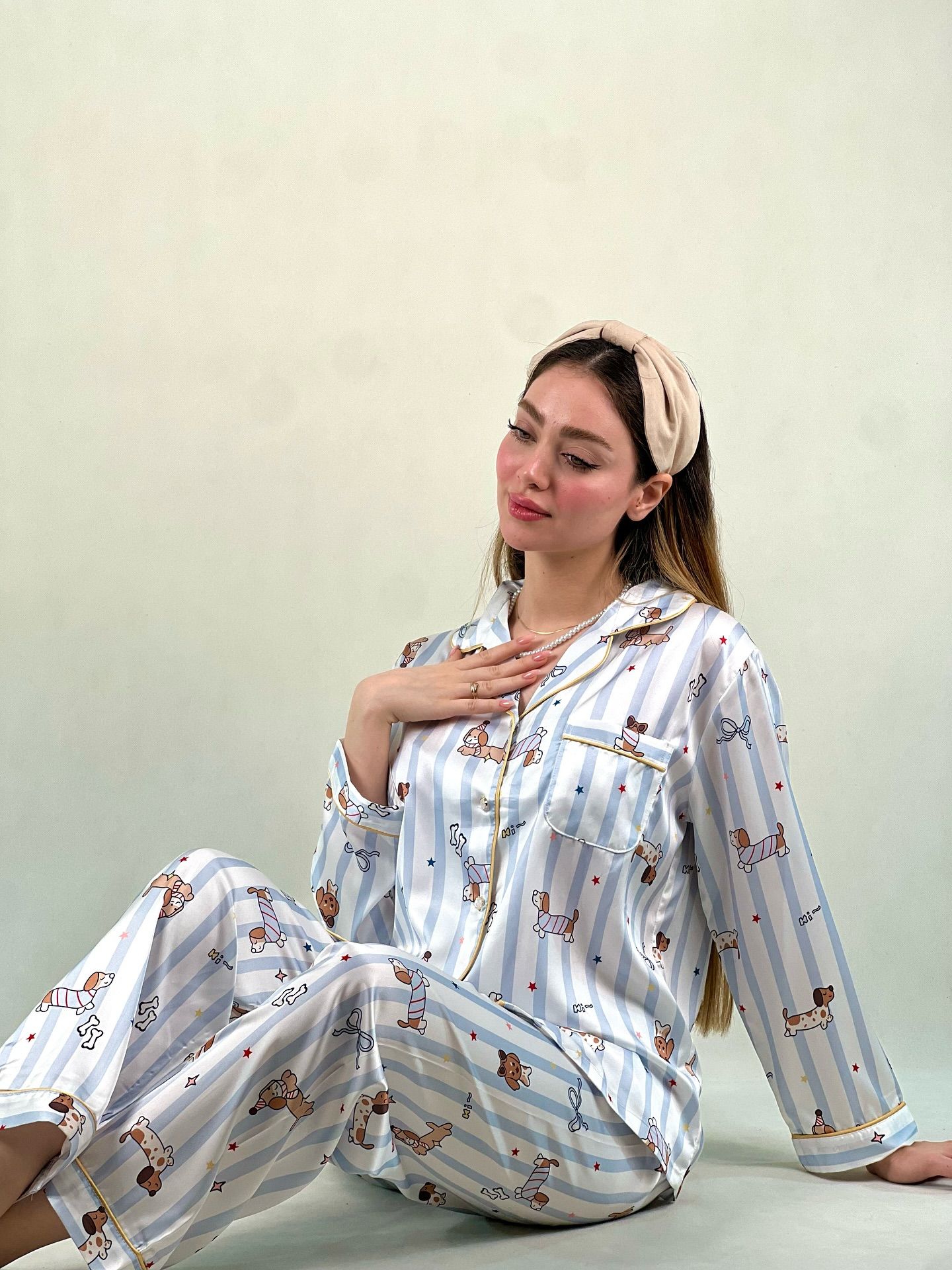 Image of لباس خواب ساتن دُرین from Instagram satin pajamas, cartoon print, headband, barefoot, casual, indoor