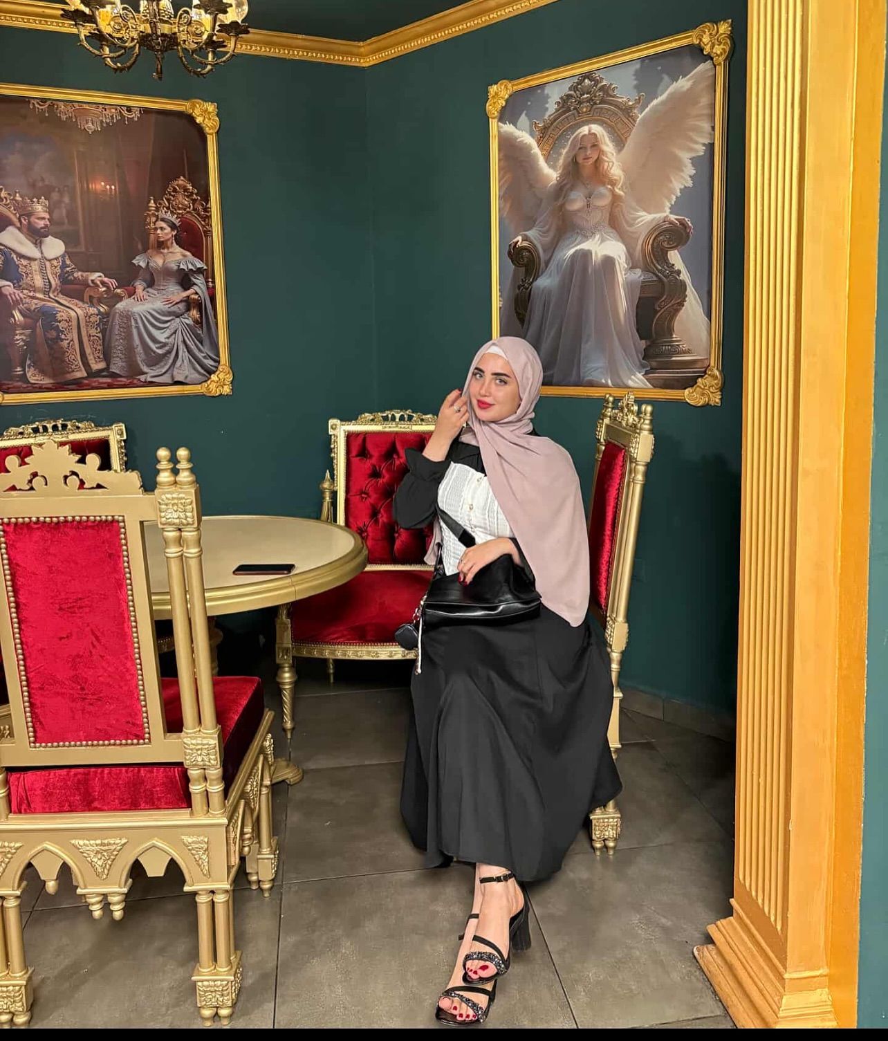 Image of World Models 🩵 from Instagram hijab, maxi dress, sandals, handbag, elegant, vintage decor