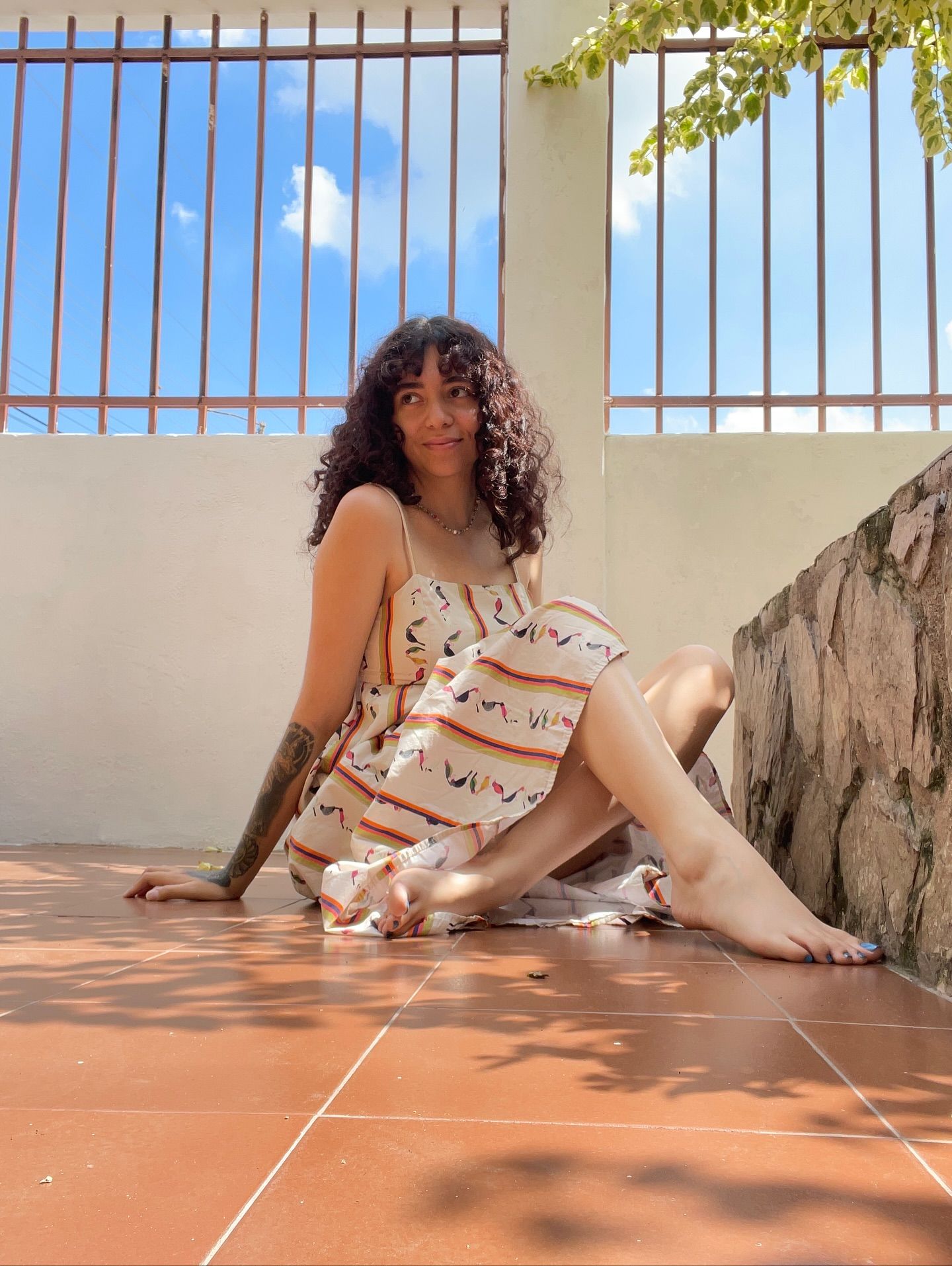 Image of GunButterfly from Instagram striped dress, spaghetti straps, barefoot, outdoor, sunny