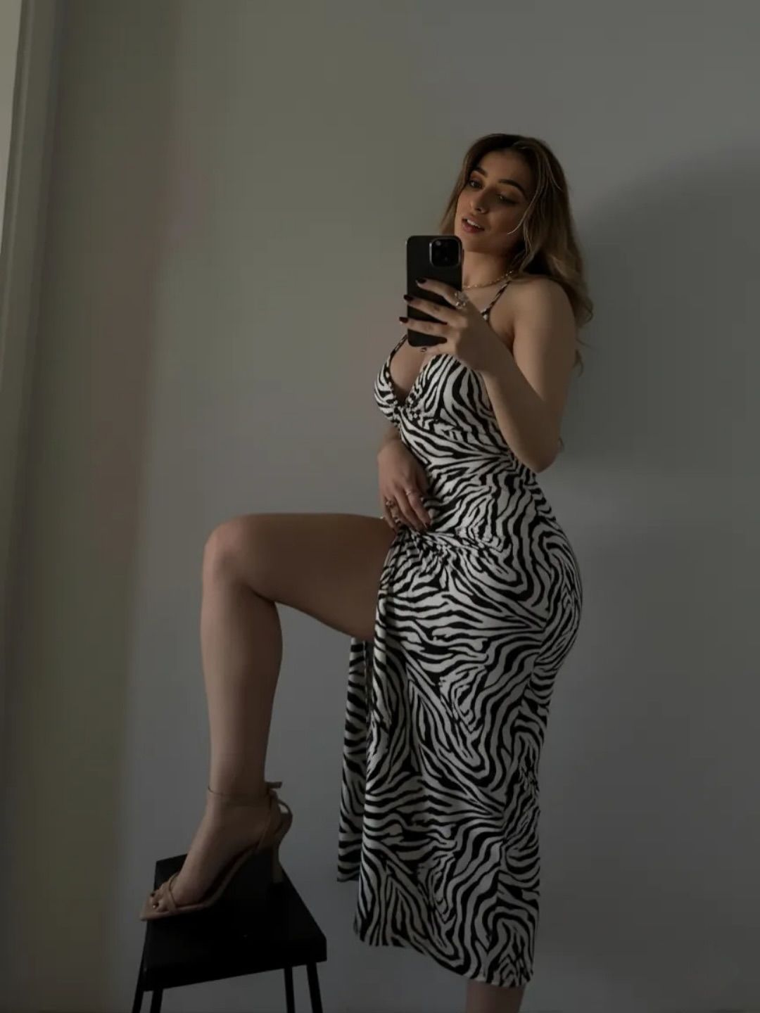 Image of Aania 👅 from Instagram zebra print dress, high slit, strappy heels, neutral background
