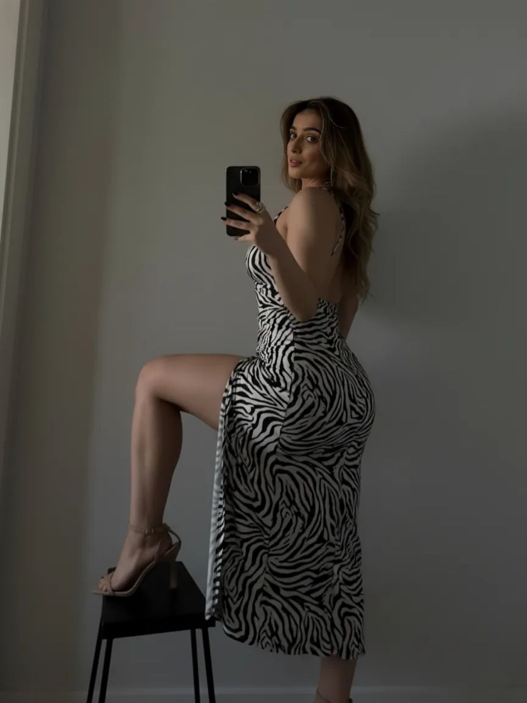 Image of Aania 👅 from Instagram zebra print, dress, heels, slit, fashion