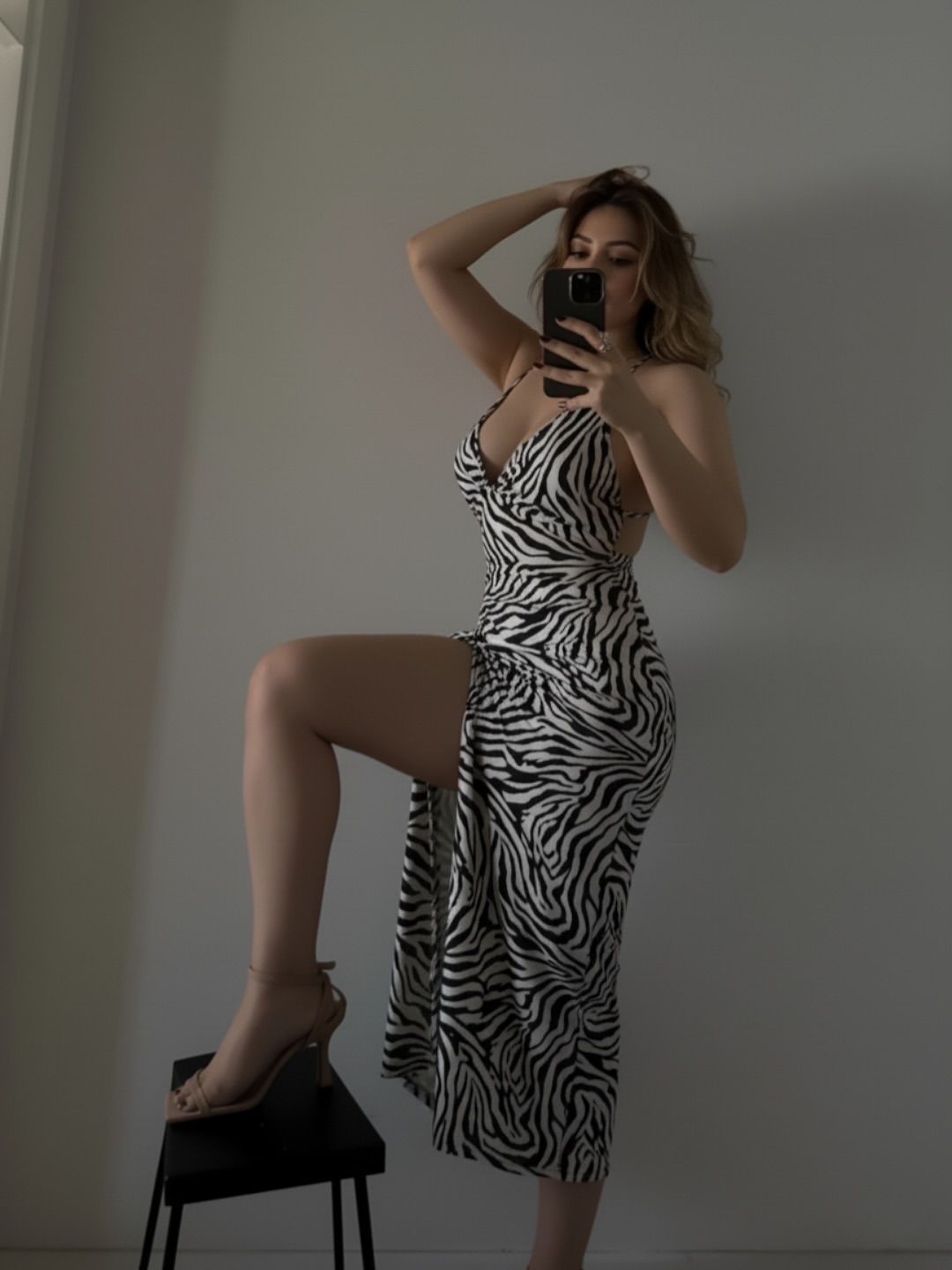 Image of Aania 👅 from Instagram zebra print dress, spaghetti straps, high slit, beige heels